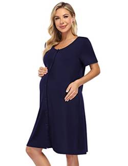 KOJOOIN Nachthemd Damen Geburt Stillnachthemd Kurzarm Schlafanzug Schwangerschaft Pyjama Nachtwäsche mit Durchgehender Knopfleiste DunKelblau S von KOJOOIN