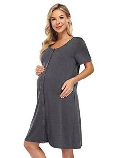 KOJOOIN Nachthemd Damen Geburt Stillnachthemd Kurzarm Schlafanzug Schwangerschaft Pyjama Nachtwäsche mit Durchgehender Knopfleiste Dunkelgrau L von KOJOOIN