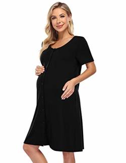KOJOOIN Nachthemd Damen Geburt Stillnachthemd Kurzarm Schlafanzug Schwangerschaft Pyjama Nachtwäsche mit Durchgehender Knopfleiste Schwarz L von KOJOOIN