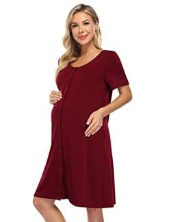 KOJOOIN Nachthemd Damen Geburt Stillnachthemd Kurzarm Schlafanzug Schwangerschaft Pyjama Nachtwäsche mit Durchgehender Knopfleiste Weinrot L von KOJOOIN