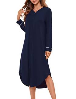 KOJOOIN Nachthemd Damen Langarm Nachtwäsche V-Ausschnitt Lange Nachtkleid Knopfleiste Schlafshirt Sleepwear (Verpackung MEHRWEG), A-Dunkelblau, L von KOJOOIN