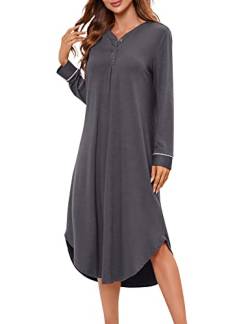 KOJOOIN Nachthemd Damen Langarm Nachtwäsche V-Ausschnitt Lange Nachtkleid Knopfleiste Schlafshirt Sleepwear (Verpackung MEHRWEG), A-Dunkelgrau, XL von KOJOOIN