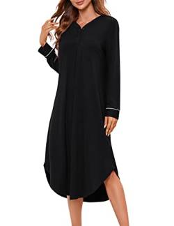 KOJOOIN Nachthemd Damen Langarm Nachtwäsche V-Ausschnitt Lange Nachtkleid Knopfleiste Schlafshirt Sleepwear (Verpackung MEHRWEG), A-Schwarz, XL von KOJOOIN