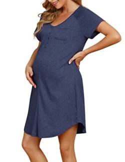 KOJOOIN Nachthemd Damen Stillnachthemd mit Knopfleiste Geburt Nachtwäsche Baumwolle Schlafanzug für Schwangere Dunkelblau(Kurzarm) M von KOJOOIN