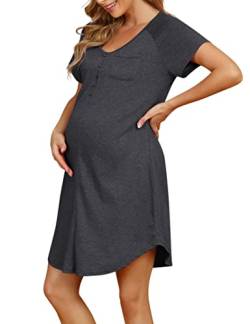 KOJOOIN Nachthemd Damen Stillnachthemd mit Knopfleiste Geburt Nachtwäsche Baumwolle Schlafanzug für Schwangere Dunkelgrau(Kurzarm) XXL von KOJOOIN
