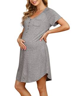 KOJOOIN Nachthemd Damen Stillnachthemd mit Knopfleiste Geburt Nachtwäsche Baumwolle Schlafanzug für Schwangere Hellgrau(Kurzarm) S von KOJOOIN