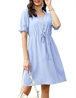 KOJOOIN Sommerkleid Damen Kurz Kleid V-Ausschnitt Casual Tunika Minikleid mit Kurzarm Blau L von KOJOOIN