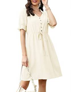 KOJOOIN Sommerkleid Damen Kurz Kleid V-Ausschnitt Casual Tunika Minikleid mit Kurzarm Milchig Gelb L von KOJOOIN