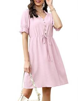 KOJOOIN Sommerkleid Damen Kurz Kleid V-Ausschnitt Casual Tunika Minikleid mit Kurzarm Rosa S von KOJOOIN