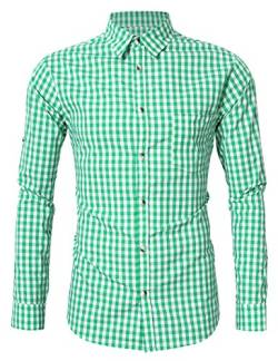 KOJOOIN Trachtenhemd Slim Fit Herren Kariert Hemd Freizeithemd Langarmhemd Hemd Bestickt Baumwolle, für Oktoberfest, Karneval, Business, Freizeit Grün-Upgrade M von KOJOOIN