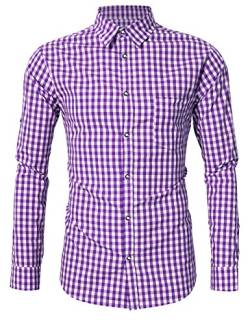 KOJOOIN Trachtenhemd Slim Fit Herren Kariert Hemd Freizeithemd Langarmhemd Hemd Bestickt Baumwolle, für Oktoberfest, Karneval, Business, Freizeit Lila-Upgrade S von KOJOOIN