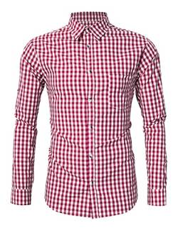 KOJOOIN Trachtenhemd Slim Fit Herren Kariert Hemd Freizeithemd Langarmhemd Hemd Bestickt Baumwolle, für Oktoberfest, Karneval, Business, Freizeit Rot-Upgrade S von KOJOOIN