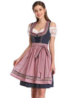 KOJOOIN Trachtenkleid Damen Dirndl Kurz mit Stickerei Exklusives Designer für Oktoberfest - DREI Teilig: Kleid, Bluse, Schürze Dunkelblau 36 von KOJOOIN