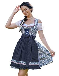 KOJOOIN Trachtenkleid Damen Dirndl Kurz mit Stickerei Exklusives Designer für Oktoberfest - DREI Teilig: Kleid, Bluse, Schürze Dunkelblau-Blumen 36 von KOJOOIN