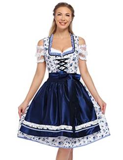 KOJOOIN Trachtenkleid Damen Dirndl Kurz mit Stickerei Exklusives Designer für Oktoberfest - DREI Teilig: Kleid, Bluse, Schürze Dunkelblau Blumen 40 von KOJOOIN