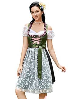 KOJOOIN Trachtenkleid Damen Dirndl Kurz mit Stickerei Exklusives Designer für Oktoberfest-DREI Teilig: Kleid, Bluse, Schürze Dunkelgrün Blumen09 38 von KOJOOIN