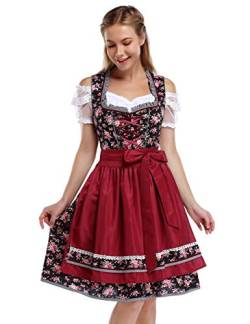 KOJOOIN Trachtenkleid Damen Dirndl Kurz mit Stickerei Exklusives Designer für Oktoberfest - DREI Teilig: Kleid, Bluse, Schürze Rot Weinrot Blumen 34 von KOJOOIN