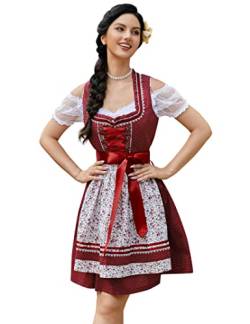 KOJOOIN Trachtenkleid Damen Dirndl - Midi Trachtenkleid Kleid für Oktoberfest - DREI Teilig: Kleid, Bluse, Schürze Burgundy-Blumen 34 von KOJOOIN