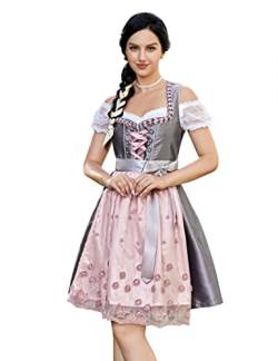 KOJOOIN Trachtenkleid Damen Dirndl - Midi Trachtenkleid Kleid für Oktoberfest - DREI Teilig: Kleid, Bluse, Schürze Grau-Pink 34 von KOJOOIN