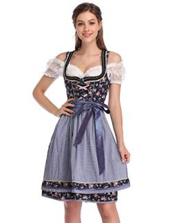 KOJOOIN Trachtenkleid Damen Dirndl Trachtenkleid Kurz mit Stickerei Exklusives Designer für Oktoberfest - DREI Teilig: Kleid, Bluse, Schürze Blumen-Dunkelblau 36 von KOJOOIN