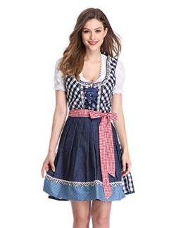 KOJOOIN Trachtenkleid Damen Dirndl Trachtenkleid Kurz mit Stickerei Exklusives Designer für Oktoberfest - DREI Teilig: Kleid, Bluse, Schürze Kariert- Blau 42 von KOJOOIN