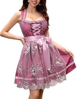 KOJOOIN Trachtenkleid Dirndl Kurz Damen Mid Dirndl mit Spitzenschürze 2tlg. für Oktoberfest A-Weinrot(2tlg.) 36 von KOJOOIN