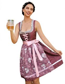 KOJOOIN Trachtenkleid Dirndl Kurz Damen Mid Dirndl mit Spitzenschürze 2tlg. für Oktoberfest C-Rot(2tlg.) 38 von KOJOOIN