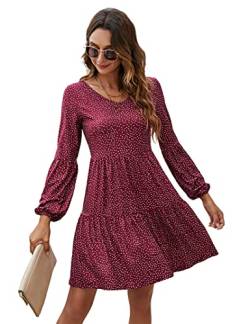 KOJOOIN Tunika Kleid Boho Bohemian Kleid Vintage Kleid Lose Casual Swing Kleid mit Gerafft Schmeichelhaft Weinrot Punkten S von KOJOOIN