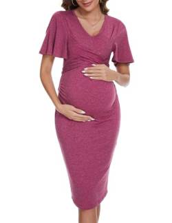 KOJOOIN Umstandskleid V Ausschnitt Stillkleid Schwangerschafts Umstandsmode mit Falten Etuikleid Lilarot(Kurzarm) L von KOJOOIN