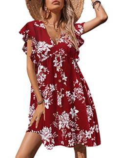 KoJooin Sommer Rüschen Babydoll Kleid: Damen V Ausschnitt Flügelärmel Botton Casual Minikleider, Rote und weiße Blumen, Mittel von KOJOOIN