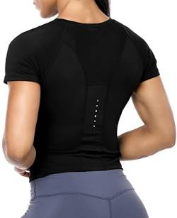 Workout Crop Tops für Frauen Kurzarm Workout Shirts für Laufen Gym Yoga Athletic Übung, 2#schwarz, X-Klein von KOJOOIN