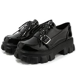 KOKOMOMO Damen Schnürschuhe aus Lackleder, Plateau-Oxford, grobe Schnürung, Gothic-Stil, Schnalle, Schwarz (schwarz), 40 EU von KOKOMOMO