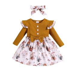 KONFEN Baby Kleidung Mädchen Kleid - Rüschen Langarm Kleider mit Schleife + Stirnband 2tlg, Gerippte Kleid Babykleidung Set Bekleidungssets Frühling Herbst Winter für 12-18 Monate (Tier Muster) von KONFEN