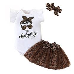 KONFEN Baby Kleidung Mädchen Sommer Outfit, T-Shirt Rüschen Kurzarm Top + Leopardenmuster Netz Rock + Stirnband 3tlg Neugeborenen Set Bekleidungsset Babykleidung Set für 3-6 Monate von KONFEN