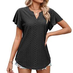 KONFEN Blusenshirt Damen Kurzarm Bluse, V-Ausschnitt Peplum Top Tunika Hohle Tshirts, Casual Damen Oberteile Elegant Sommer Einfarbig Lockeres Hemd, Schwarz L von KONFEN