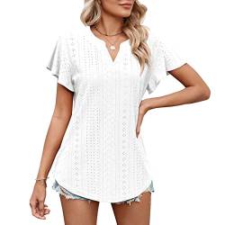 KONFEN Blusenshirt Damen Kurzarm Bluse, V-Ausschnitt Peplum Top Tunika Hohle Tshirts, Casual Damen Oberteile Elegant Sommer Einfarbig Lockeres Hemd, Weiß L von KONFEN