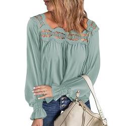 KONFEN Damen Langarm Oberteile Tshirt, Viereckiger Ausschnitt Langarmshirt Ausgeschnittener Ausschnitt mit Rüschen Ärmel, Casual Halsausschnitt Shirts Top Elegant Herbst Winter Lockeres Hemd, Grün L von KONFEN