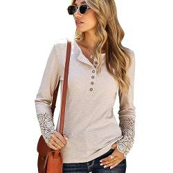 KONFEN Damen Langarm Rundhals Oberteile, Knopfleiste Top Langarmshirt Bluse aus Geripptem Stoff mit Spitzenbündchen, Casual Shirts Top Herbst Winter Einfarbig Lockeres Hemd, Ahlisudy L von KONFEN