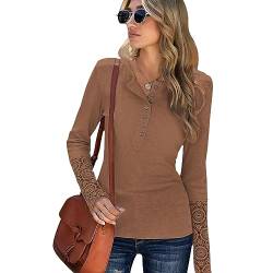 KONFEN Damen Langarm Rundhals Oberteile, Knopfleiste Top Langarmshirt Bluse aus Geripptem Stoff mit Spitzenbündchen, Casual Shirts Top Herbst Winter Einfarbig Lockeres Hemd, Braun XL von KONFEN