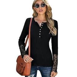 KONFEN Damen Langarm Rundhals Oberteile, Knopfleiste Top Langarmshirt Bluse aus Geripptem Stoff mit Spitzenbündchen, Casual Shirts Top Herbst Winter Einfarbig Lockeres Hemd, Schwarz XL von KONFEN