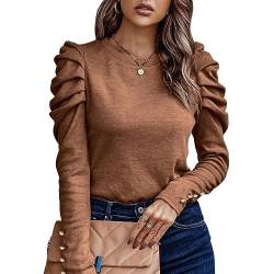 KONFEN Damen Langarm Rundhals Oberteile, Top Langarmshirt Bluse Kaschmir Gebürstet mit Puffärmel, Casual Shirts Top Elegant Herbst Winter Einfarbig Schlanke Passform, Braun M von KONFEN