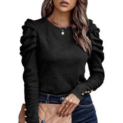 KONFEN Damen Langarm Rundhals Oberteile, Top Langarmshirt Bluse Kaschmir Gebürstet mit Puffärmel, Casual Shirts Top Elegant Herbst Winter Einfarbig Schlanke Passform, Schwarz L von KONFEN