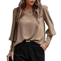 KONFEN Damen Langarm Rundhals Oberteile, Top Langarmshirt Bluse Laternenärmel mit Geknöpfte Ärmel und Knopfleiste hinten, Casual Shirts Top Elegant Herbst Winter Lockeres Hemd, Braun XL von KONFEN