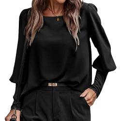 KONFEN Damen Langarm Rundhals Oberteile, Top Langarmshirt Bluse Laternenärmel mit Geknöpfte Ärmel und Knopfleiste hinten, Casual Shirts Top Elegant Herbst Winter Lockeres Hemd, Schwarz L von KONFEN