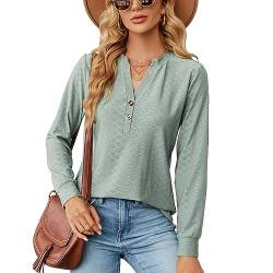 KONFEN Damen V-Ausschnitt Langarm Bluse, Knopfleiste Top Oberteile Langarmshirt, Casual Shirts Top Elegant Herbst Winter Einfarbig Lockeres Hemd, Grün XL von KONFEN