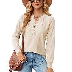 KONFEN Damen V-Ausschnitt Langarm Bluse, Knopfleiste Top Oberteile Langarmshirt, Casual Shirts Top Elegant Herbst Winter Einfarbig Lockeres Hemd, Mandel L von KONFEN