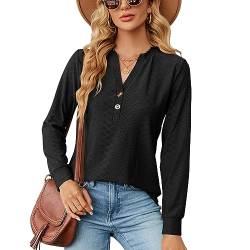 KONFEN Damen V-Ausschnitt Langarm Bluse, Knopfleiste Top Oberteile Langarmshirt, Casual Shirts Top Elegant Herbst Winter Einfarbig Lockeres Hemd, Schwarz S von KONFEN