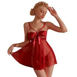 KONFEN Negligee Damen Sexy Nachtwäsche, Babydoll Lingerie Nachthemd Sleepwear Spitze, Tiefer V-Ausschnitt Bodysuit Unterwäsche Dessous Reizwäsche Set Offene Vorderseite mit G-String (Rot) von KONFEN