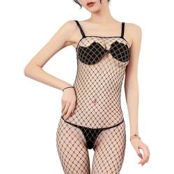 KONFEN Sexy Damen Bodystockings Dessous, Erotische Translucent Lingerie Fischnetz Reizwäsche Bodysuit BH und Höschen und Fäustling Sets, Verstellbare Fishnet Unterwäsche für Frauen (Schwarz) von KONFEN