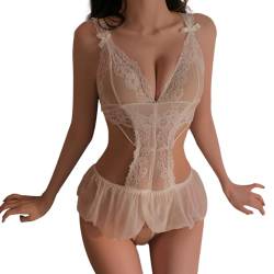 KONFEN Sexy Damen Dessous Set, Erotische Translucent Spitze Riemchen Bodysuit Frauen, Overall Lingerie mit Loch Reizwäsche BH und Höschen Sets, Verstellbare Offen Body Suit Unterwäsche (Weiß) von KONFEN